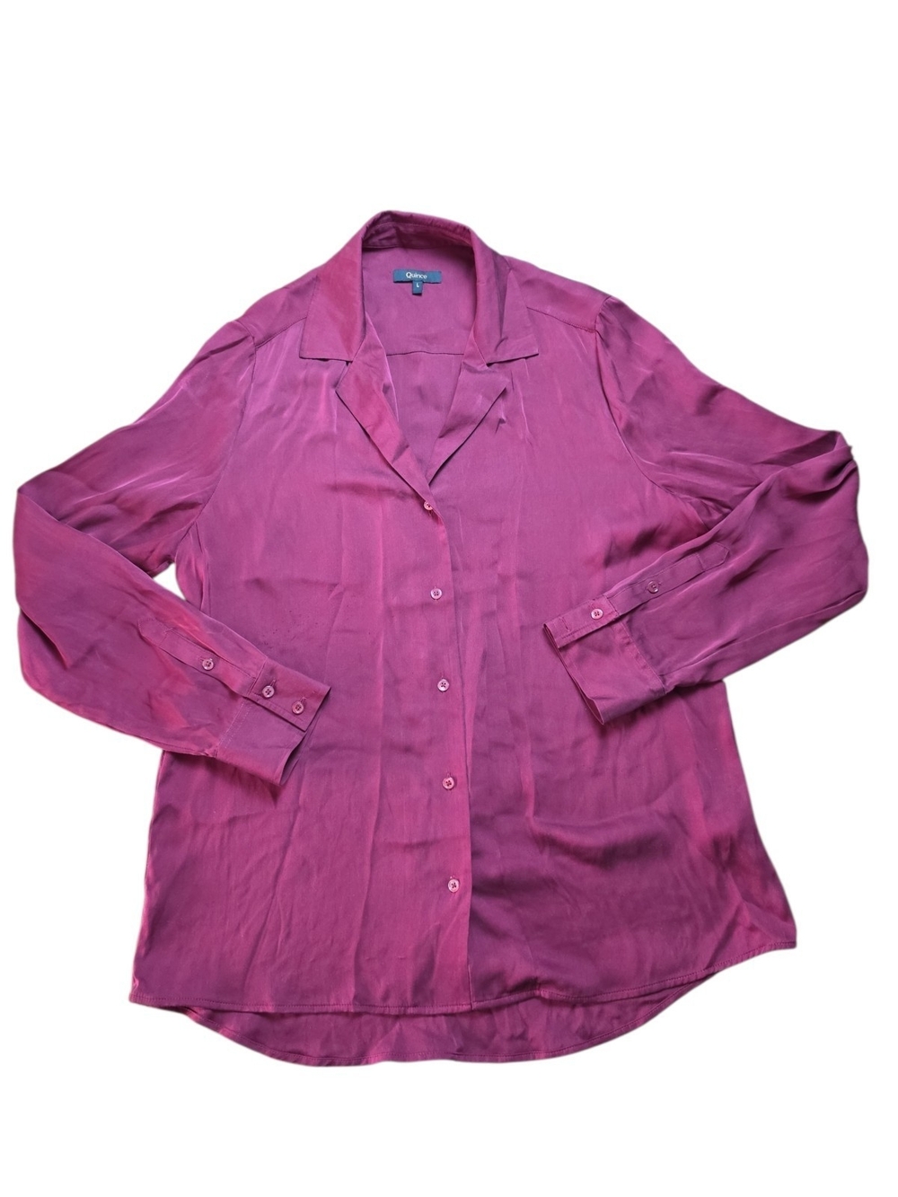 QUINCE | Luxe Wine Burgundy Stretch Silk Button Down Blouse Curved Hem | L - Picture 2 of 8